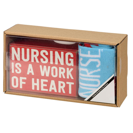 Nursing Is A Work Of Heart Box Sign And Sock Set