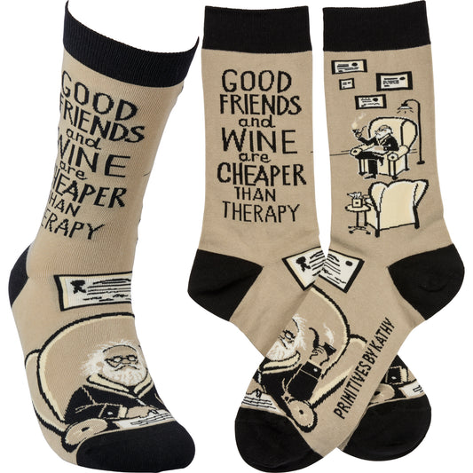 Friends & Wine Cheaper Than Therapy Socks