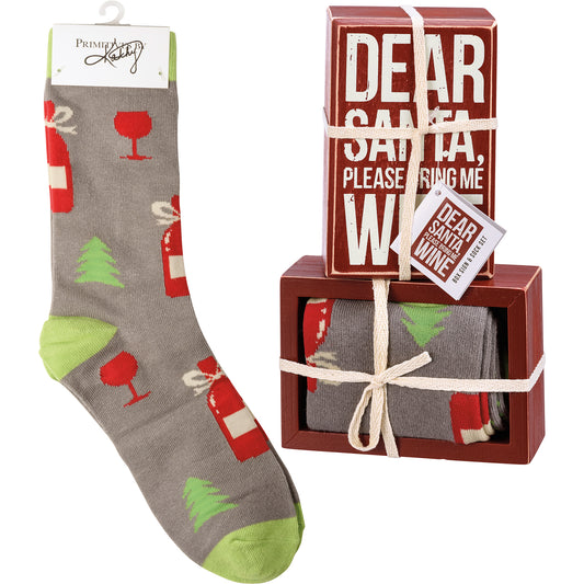 Box Sign & Sock Set - Santa Please Bring Me Wine